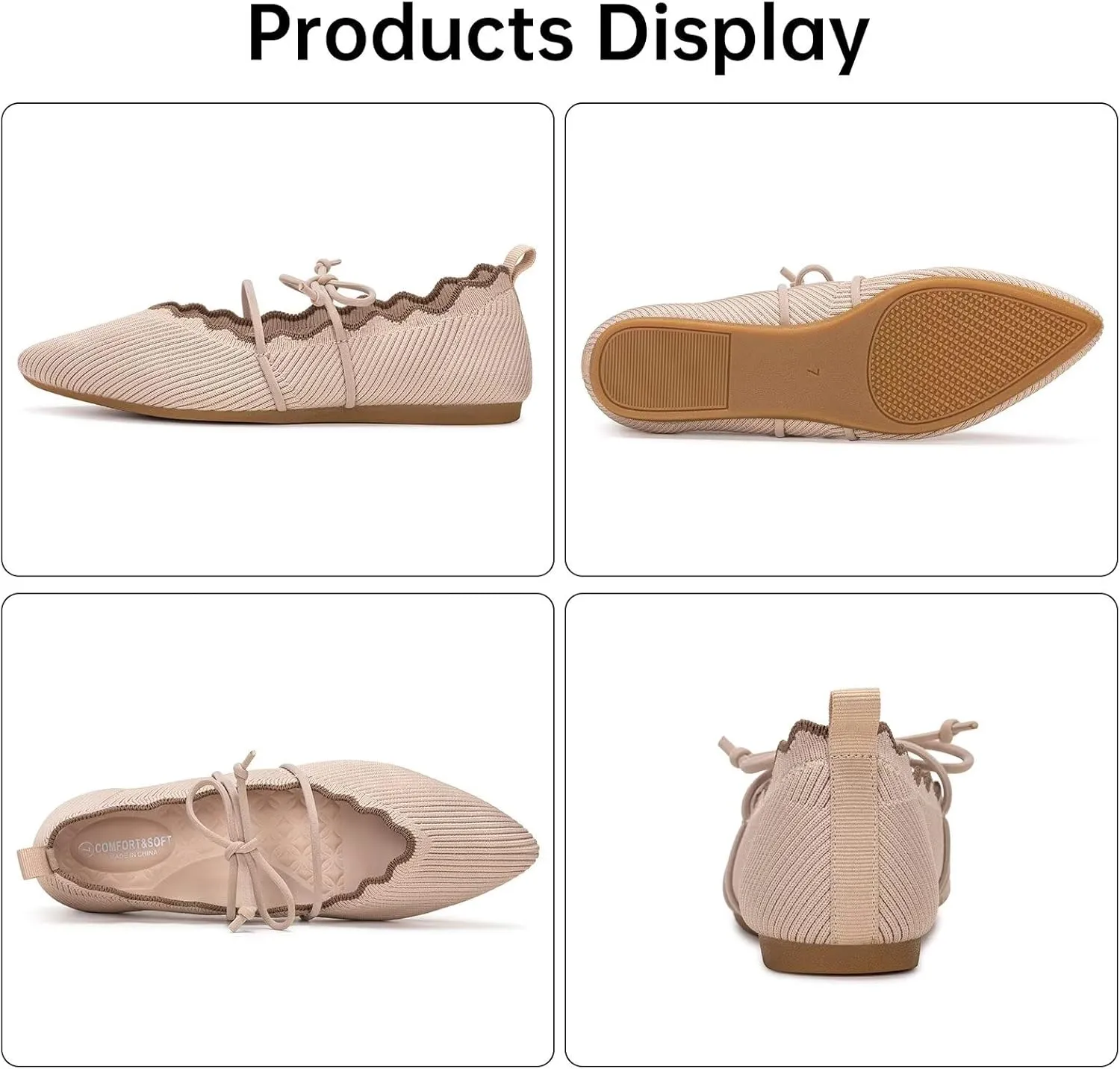 BEJINASH Women's Knitted Flats Pointed Toe Slip On Womens Shoes with Ruffled Vamp Elastic Rope Design for Casual Daily Ballets Shoes