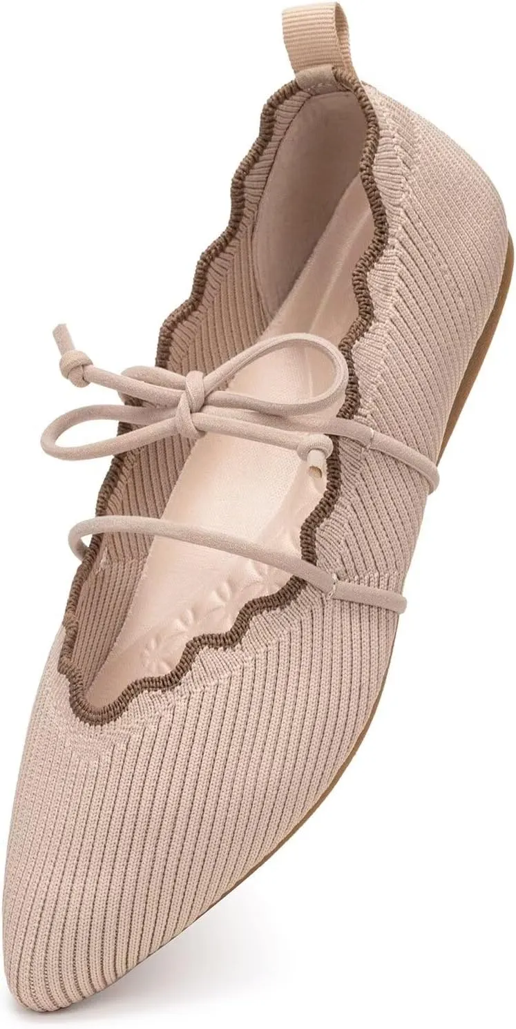 BEJINASH Women's Knitted Flats Pointed Toe Slip On Womens Shoes with Ruffled Vamp Elastic Rope Design for Casual Daily Ballets Shoes