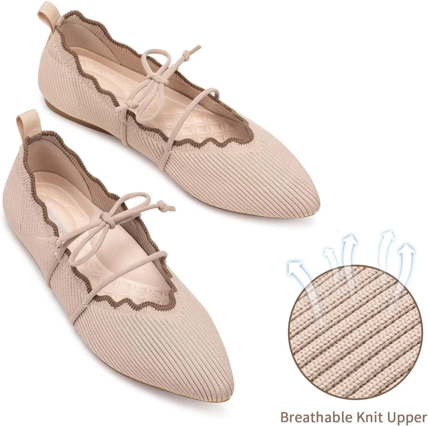 BEJINASH Women's Knitted Flats Pointed Toe Slip On Womens Shoes with Ruffled Vamp Elastic Rope Design for Casual Daily Ballets Shoes