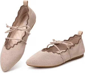 BEJINASH Women's Knitted Flats Pointed Toe Slip On Womens Shoes with Ruffled Vamp Elastic Rope Design for Casual Daily Ballets Shoes