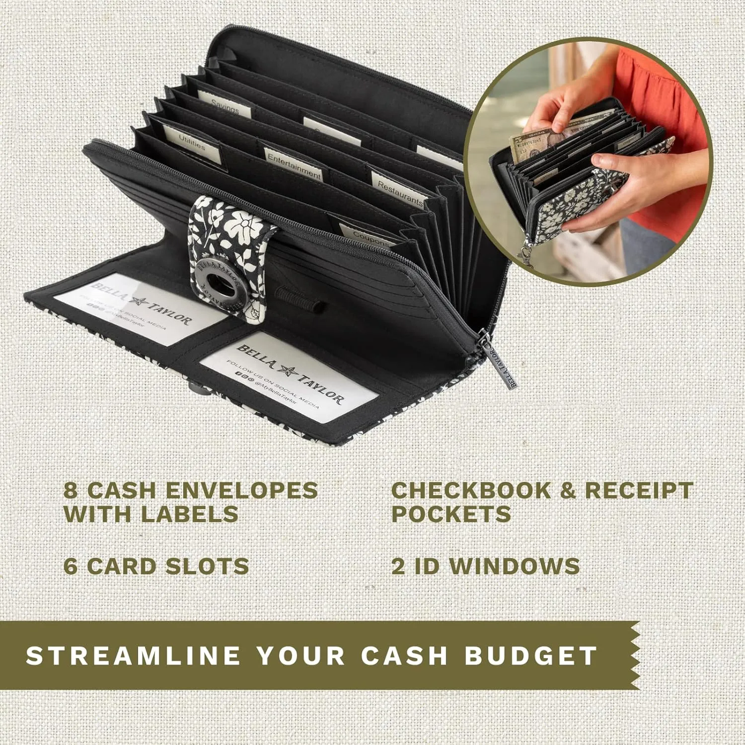 Bella Taylor Cash System Wallet for Envelope Budgeting - RFID Protected - Cash Stuffing Wallet with Detachable Wristlet