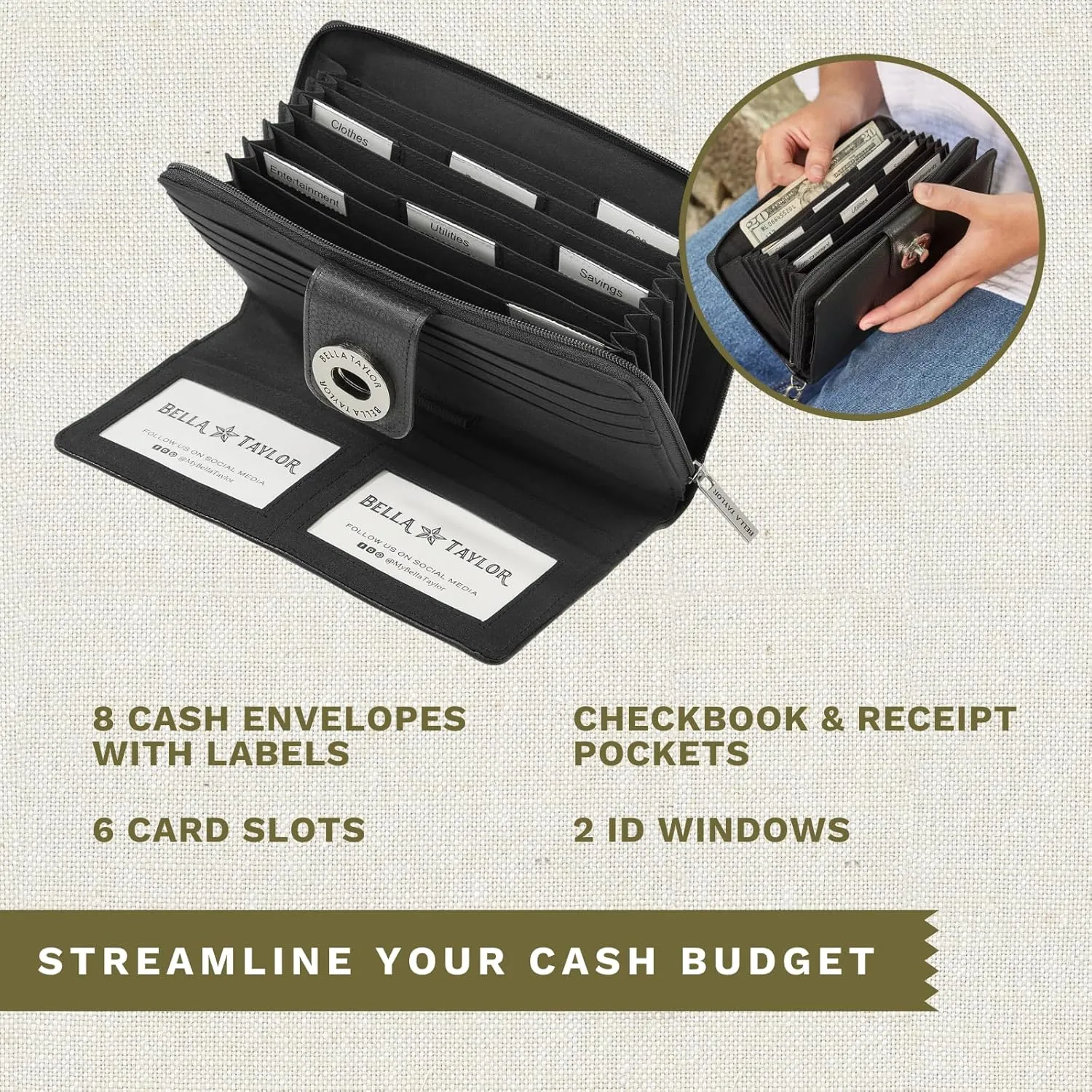Bella Taylor Cash System Wallet for Envelope Budgeting - RFID Protected - Cash Stuffing Wallet with Detachable Wristlet