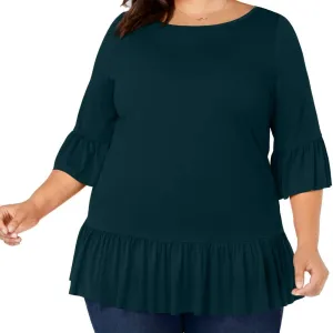 Belldini Womens Plus Bell Sleeves Ruffled Peplum Top Green 2X