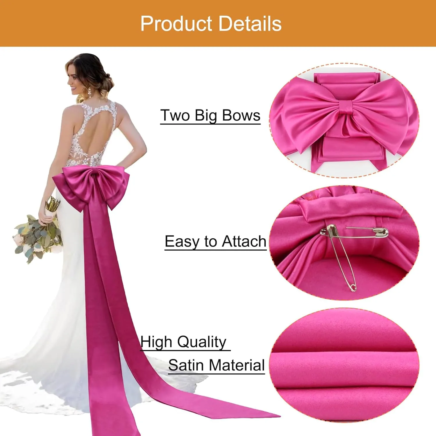 Big Bow Long Train Satin Bowknot Detachable Sweep Train Waist Sash Belt Bowknot for Wedding Formal Dress