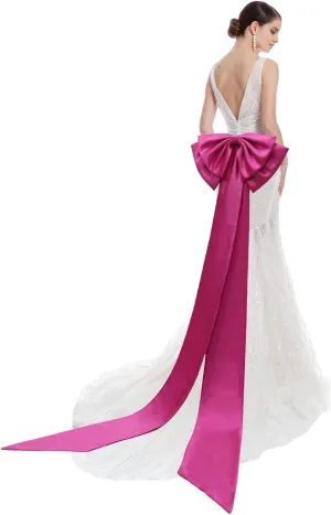 Big Bow Long Train Satin Bowknot Detachable Sweep Train Waist Sash Belt Bowknot for Wedding Formal Dress