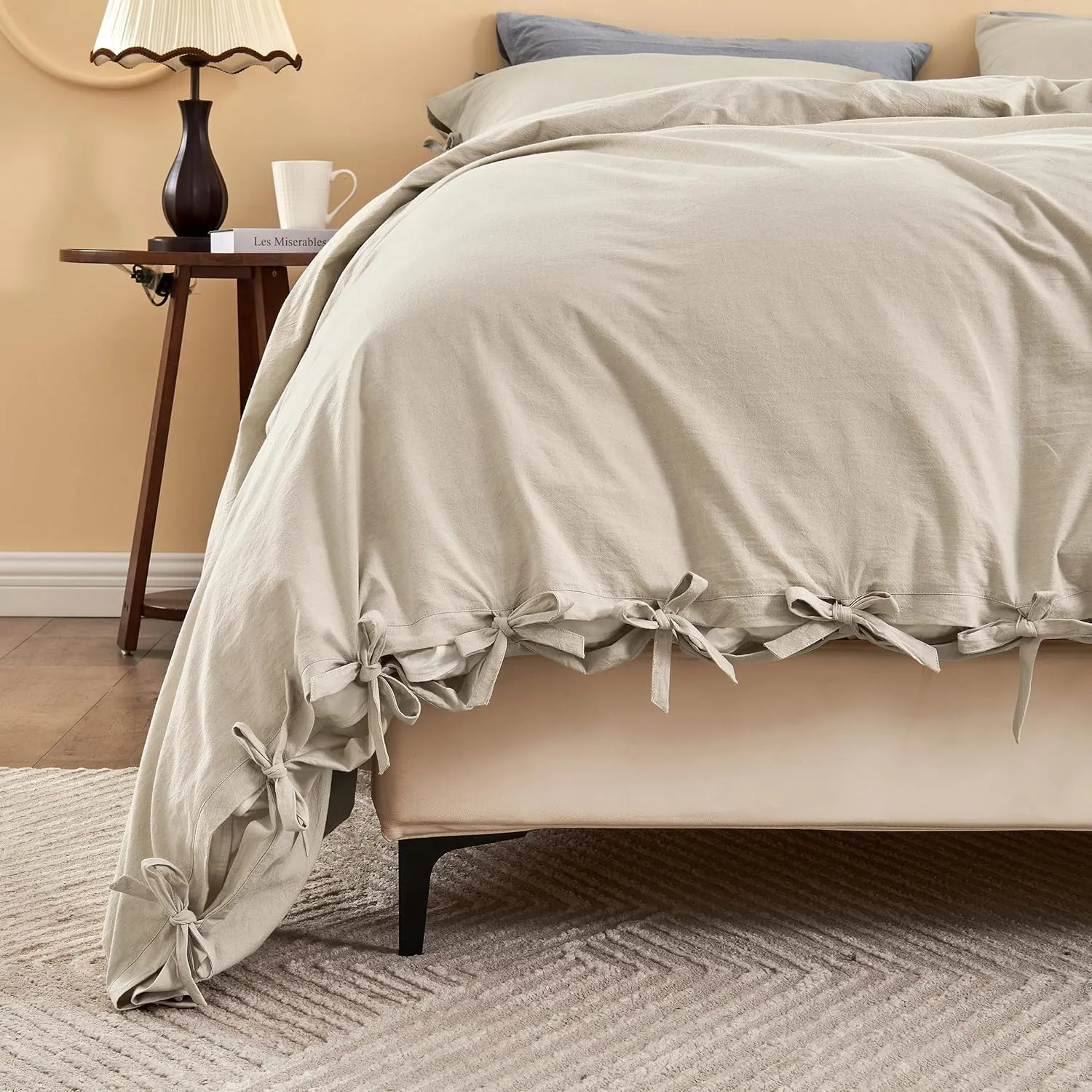BISELINA 100% Washed Cotton Duvet Cover Set 3pcs with Bowknot Ties Strap Solid Color Linen Like Textured Durable Breathable Soft Comfy Chic Bedding (Queen, Sandy Beige)