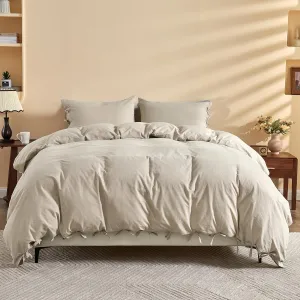 BISELINA 100% Washed Cotton Duvet Cover Set 3pcs with Bowknot Ties Strap Solid Color Linen Like Textured Durable Breathable Soft Comfy Chic Bedding (Queen, Sandy Beige)