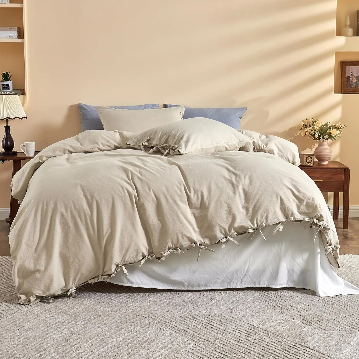 BISELINA 100% Washed Cotton Duvet Cover Set 3pcs with Bowknot Ties Strap Solid Color Linen Like Textured Durable Breathable Soft Comfy Chic Bedding (Queen, Sandy Beige)