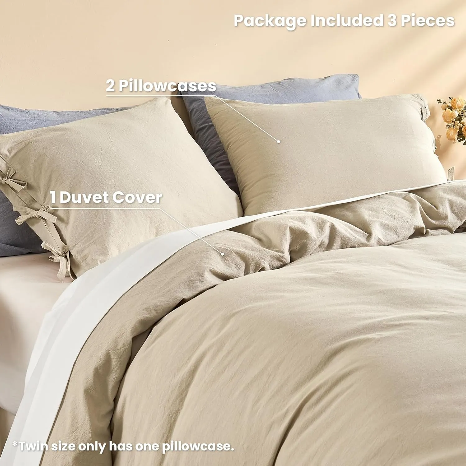 BISELINA 100% Washed Cotton Duvet Cover Set 3pcs with Bowknot Ties Strap Solid Color Linen Like Textured Durable Breathable Soft Comfy Chic Bedding (Queen, Sandy Beige)