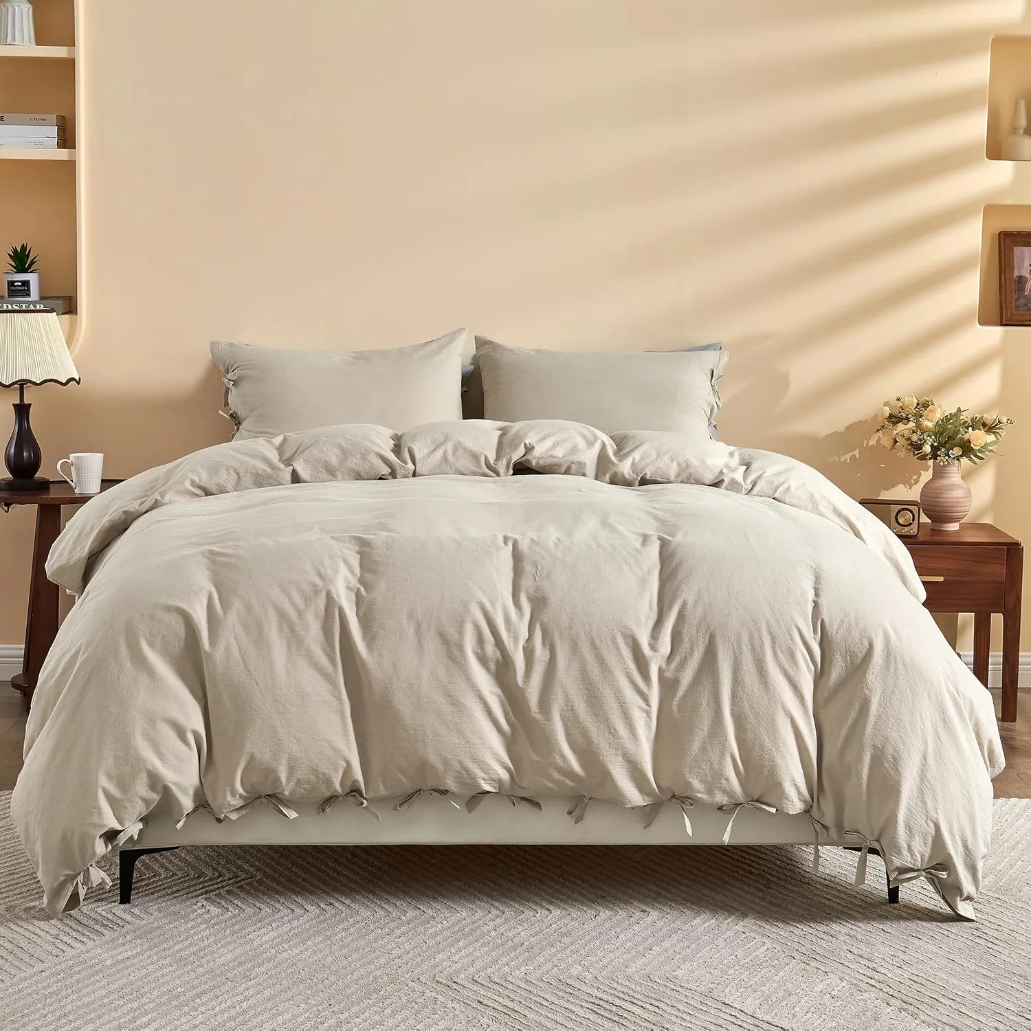 BISELINA 100% Washed Cotton Duvet Cover Set 3pcs with Bowknot Ties Strap Solid Color Linen Like Textured Durable Breathable Soft Comfy Chic Bedding (Queen, Sandy Beige)