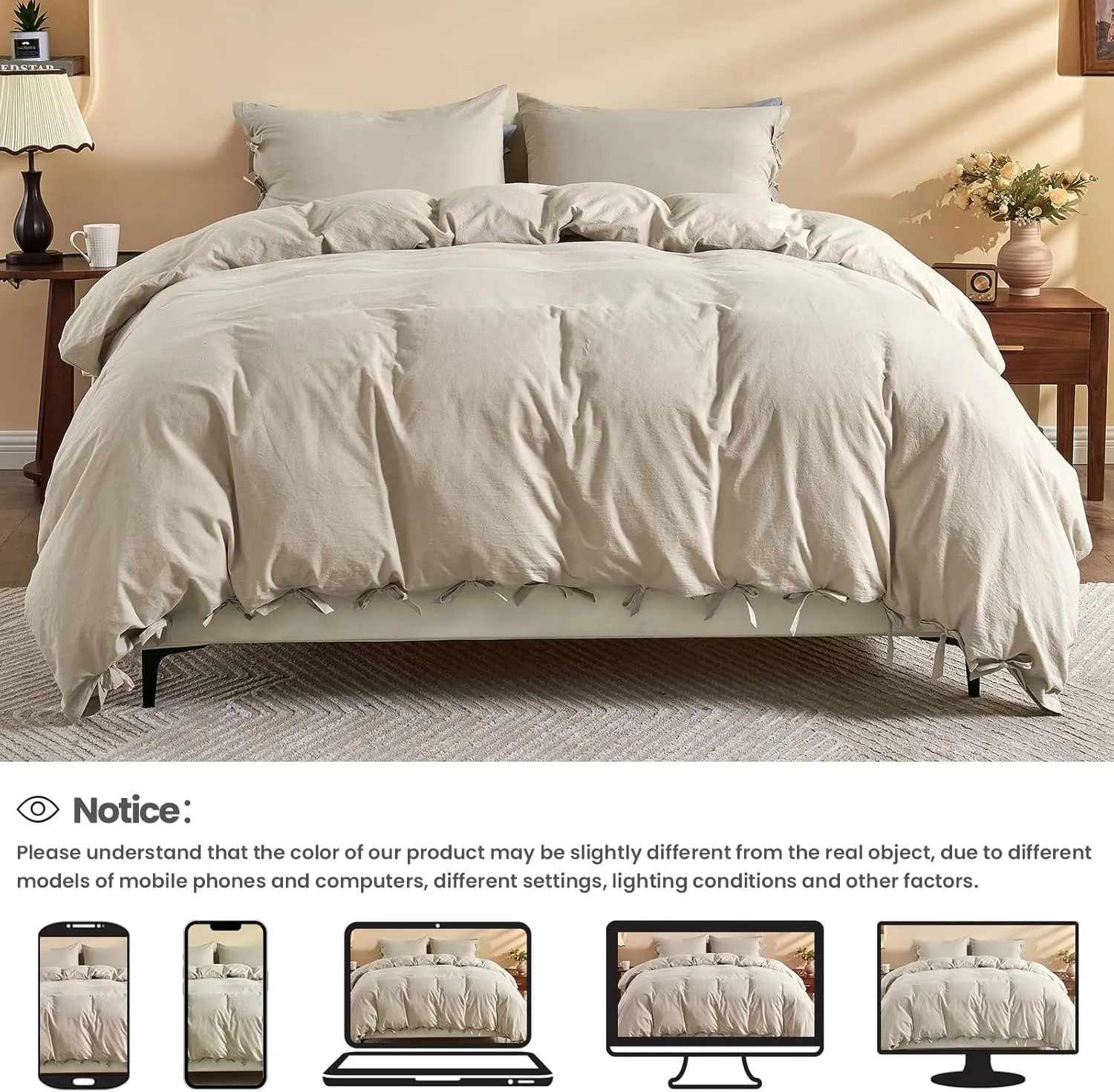 BISELINA 100% Washed Cotton Duvet Cover Set 3pcs with Bowknot Ties Strap Solid Color Linen Like Textured Durable Breathable Soft Comfy Chic Bedding (Queen, Sandy Beige)