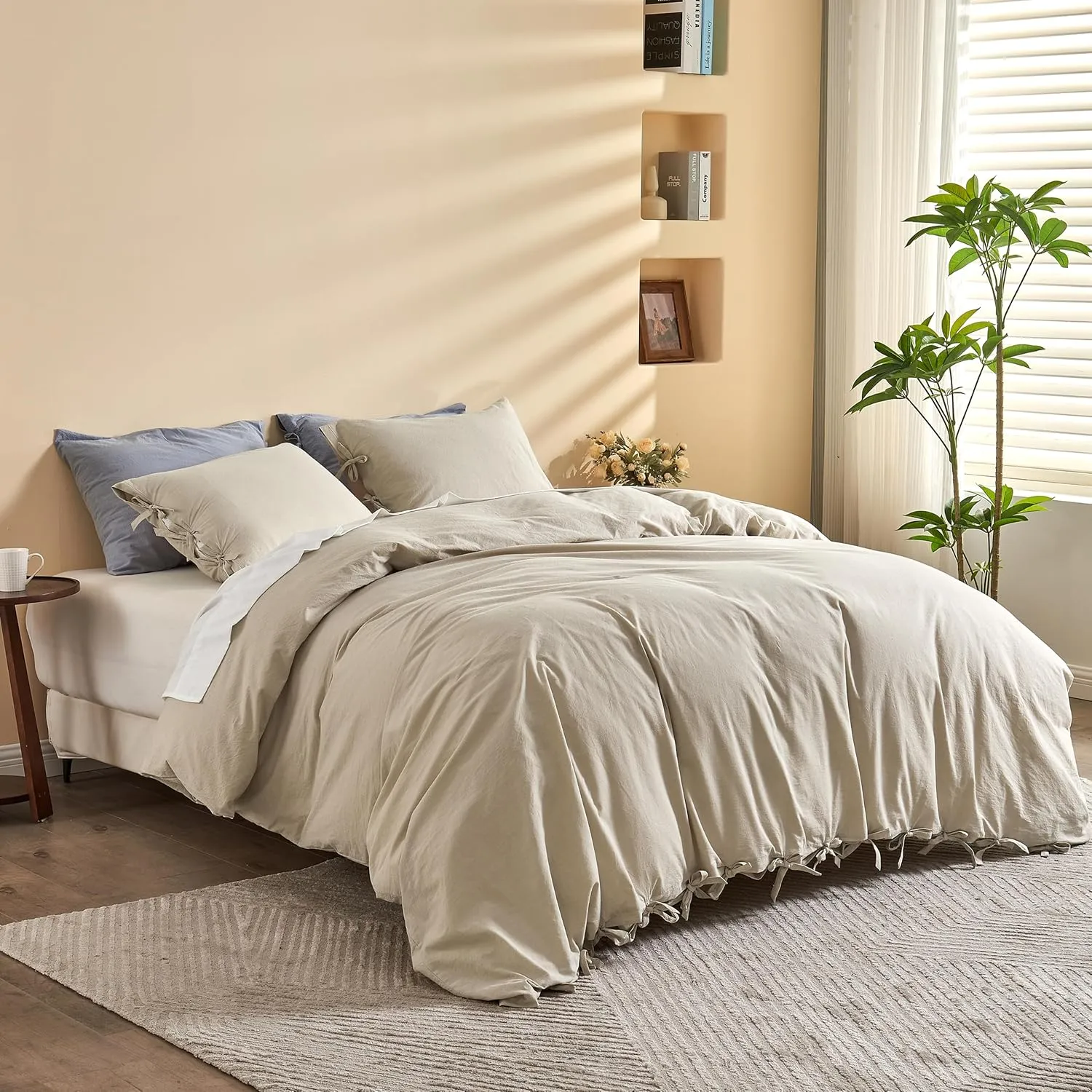 BISELINA 100% Washed Cotton Duvet Cover Set 3pcs with Bowknot Ties Strap Solid Color Linen Like Textured Durable Breathable Soft Comfy Chic Bedding (Queen, Sandy Beige)