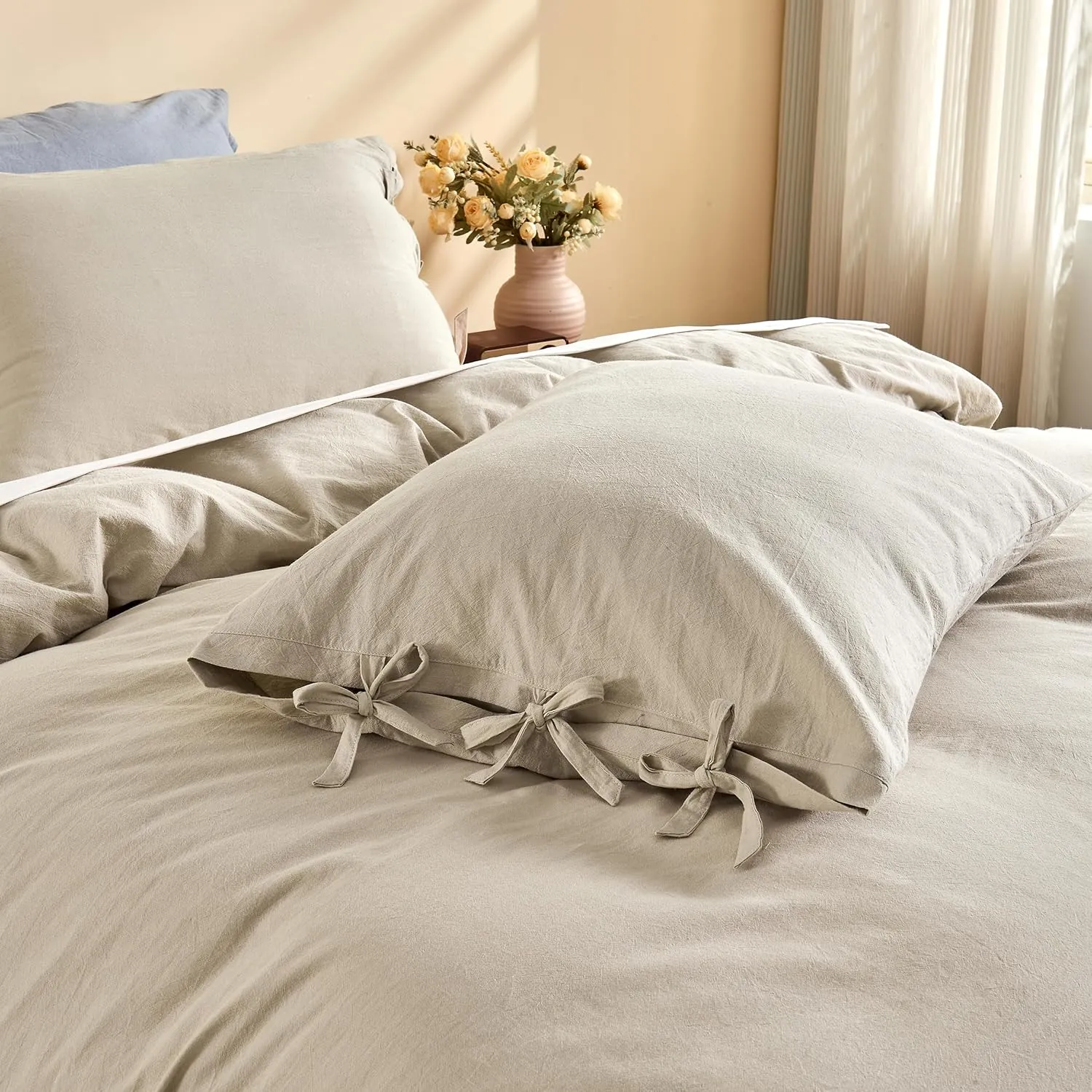 BISELINA 100% Washed Cotton Duvet Cover Set 3pcs with Bowknot Ties Strap Solid Color Linen Like Textured Durable Breathable Soft Comfy Chic Bedding (Queen, Sandy Beige)