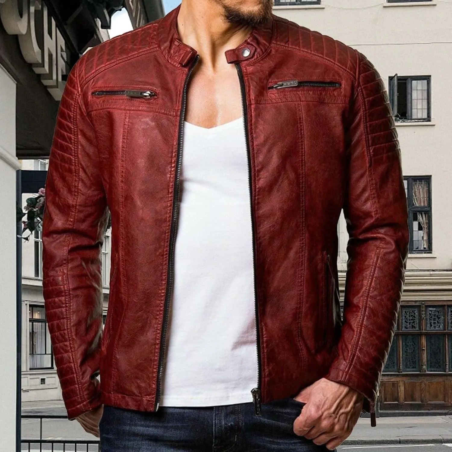 Black Leather Jacket Men Solid Color Zip PU Leather Jacket Short Lapel Motorcycle Leather Jacket Leather Jacket