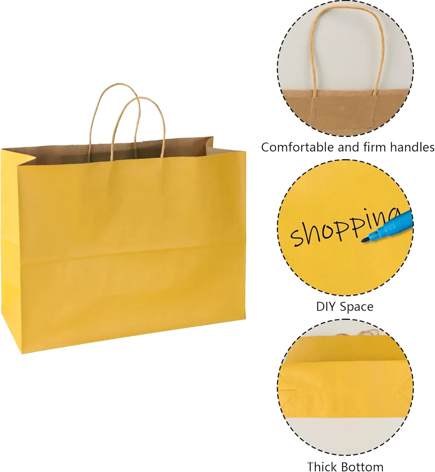 BLEWINDZ 70Pcs Large Paper Bags with Handles, 16x6x12 Inches Yellow Paper Shopping Bag for Small Business, Large Kraft Gift Bag Bulk for Grocery Mechandise Retail
