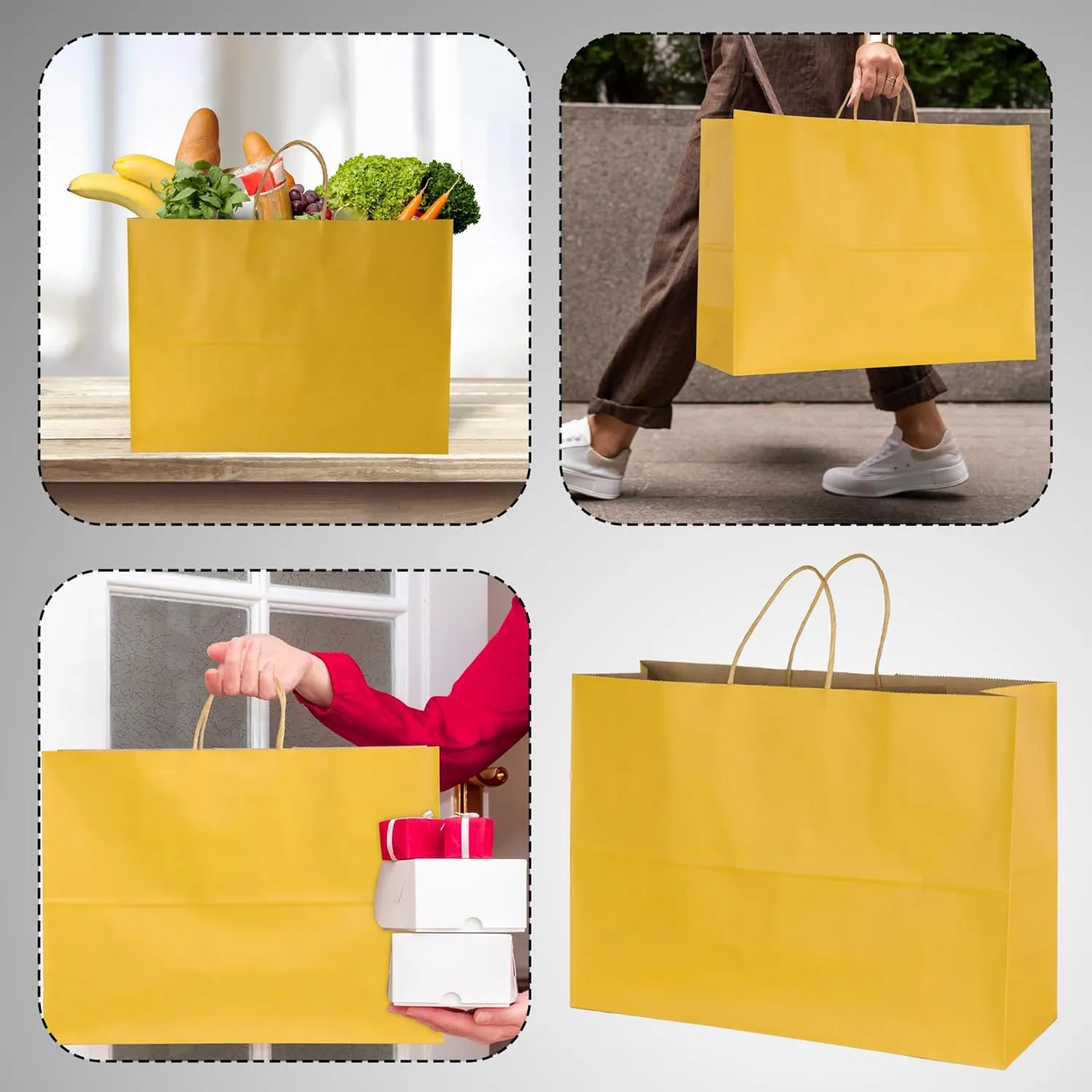 BLEWINDZ 70Pcs Large Paper Bags with Handles, 16x6x12 Inches Yellow Paper Shopping Bag for Small Business, Large Kraft Gift Bag Bulk for Grocery Mechandise Retail