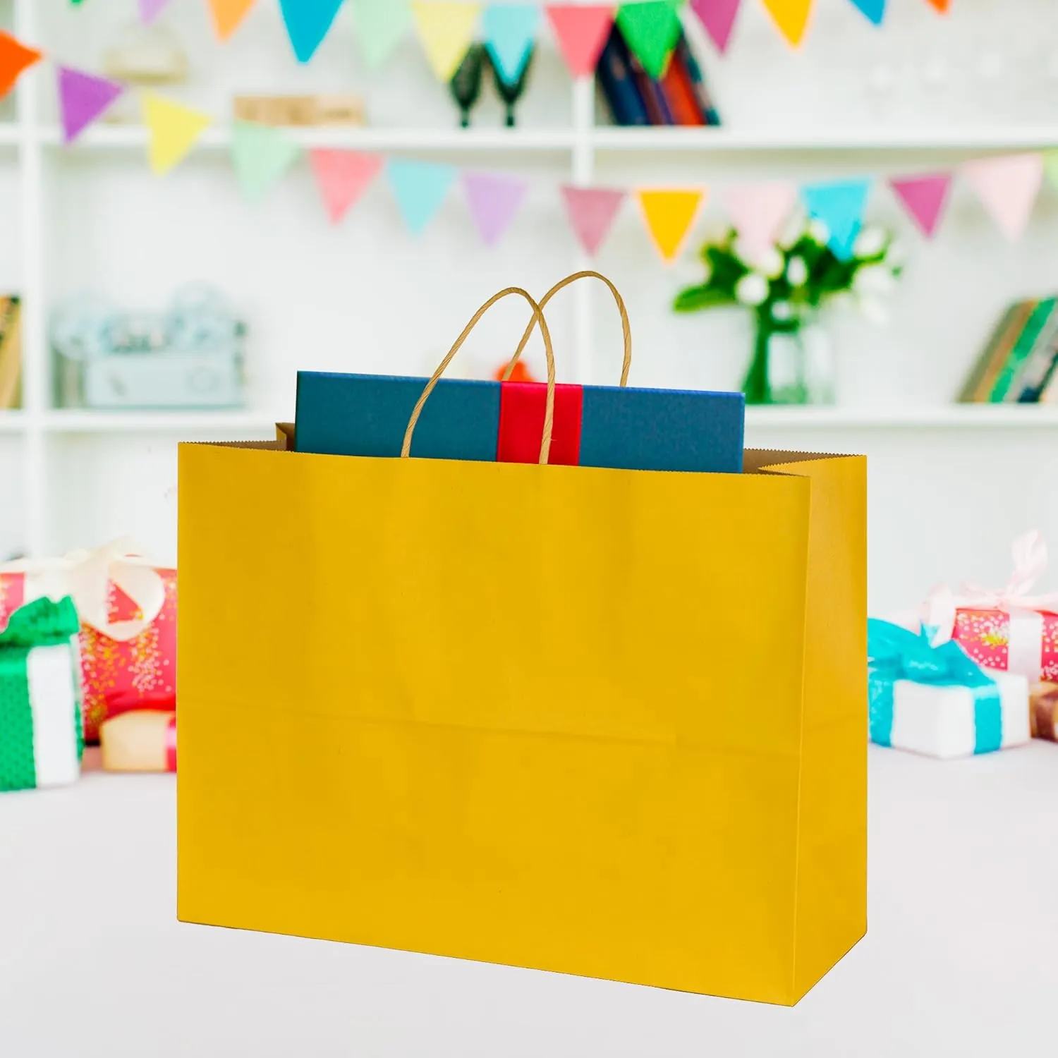 BLEWINDZ 70Pcs Large Paper Bags with Handles, 16x6x12 Inches Yellow Paper Shopping Bag for Small Business, Large Kraft Gift Bag Bulk for Grocery Mechandise Retail
