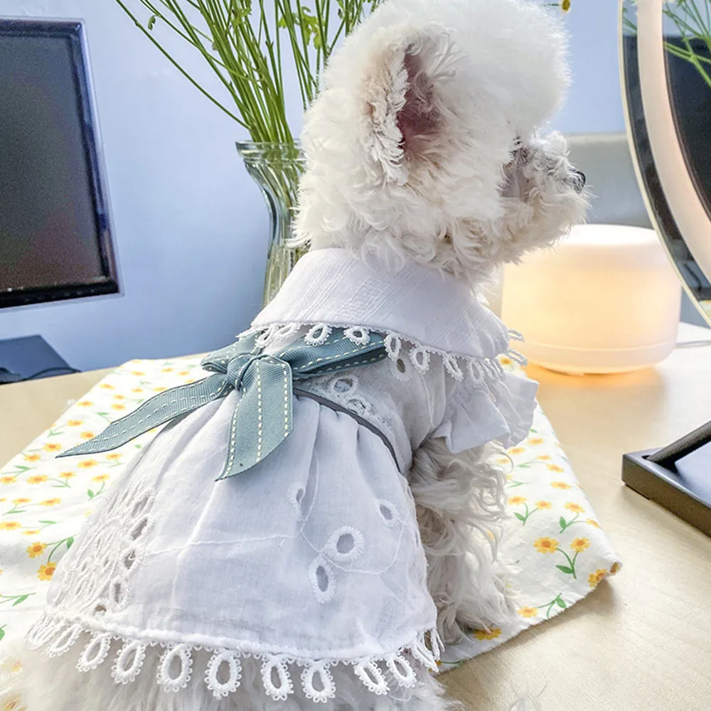 Blue Bowknot Cotton and Linen Dog Dress