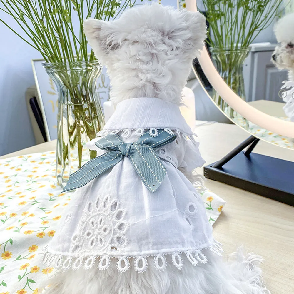 Blue Bowknot Cotton and Linen Dog Dress