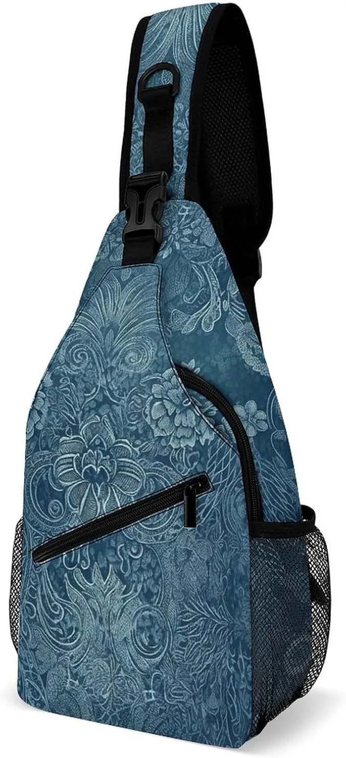 Blue Floral Lace Crossbody Sling Bag for Women Men Sling Backpack Travel Chest Bag Pack Man Purse Shoulder Bags Daypack for Travel Hiking Cycling