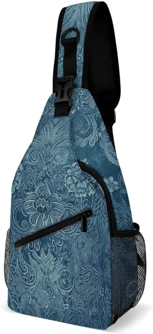 Blue Floral Lace Crossbody Sling Bag for Women Men Sling Backpack Travel Chest Bag Pack Man Purse Shoulder Bags Daypack for Travel Hiking Cycling