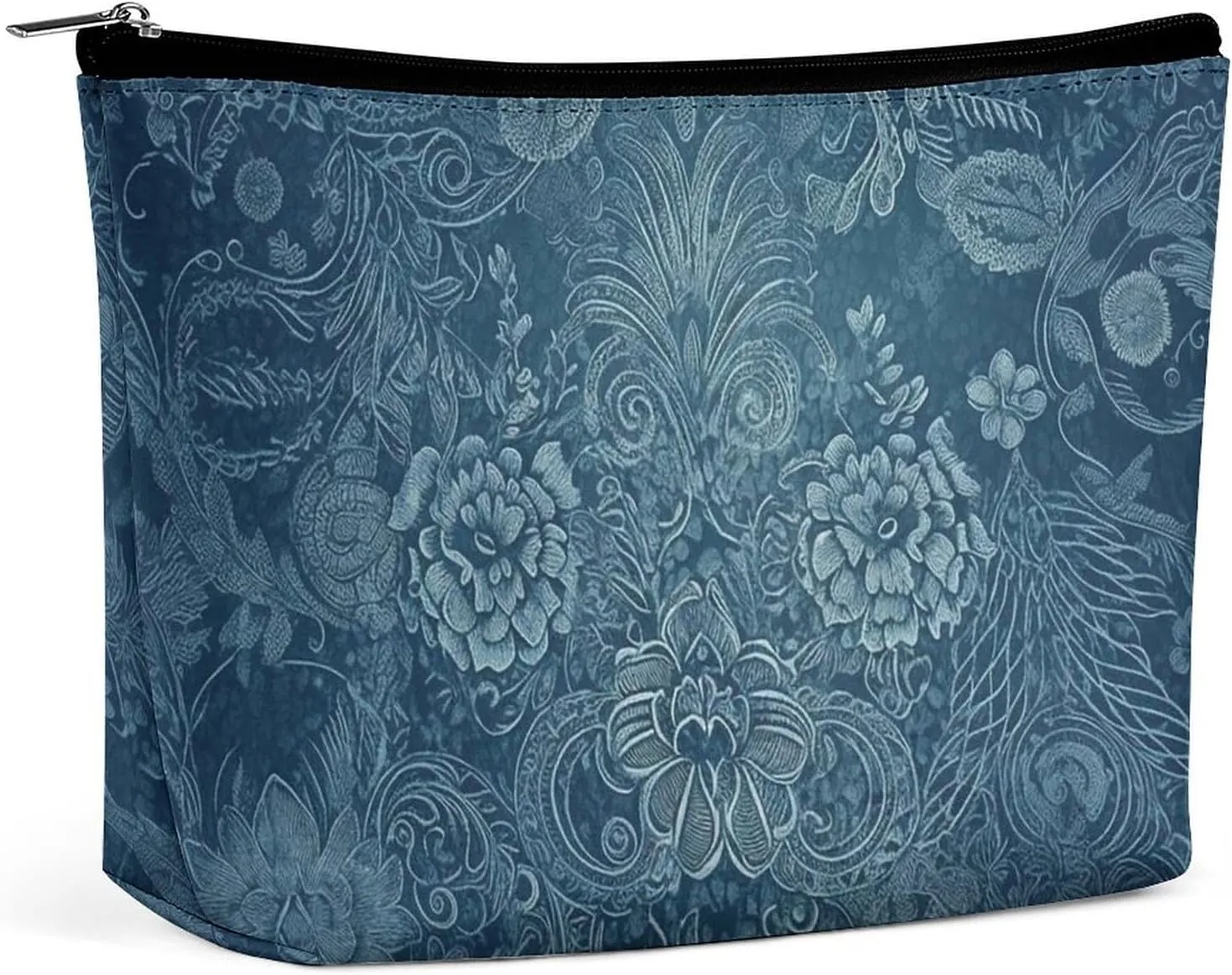 Blue Floral Lace Travel Makeup Bag Large Toiletry Bag for Women Waterproof Cosmetic Bags for Purse Portable Makeup Organizer Bags Cute Zipper Pouch Cosmetic Pouch Funny Travel Makeupbag