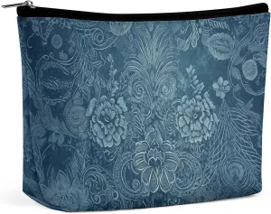 Blue Floral Lace Travel Makeup Bag Large Toiletry Bag for Women Waterproof Cosmetic Bags for Purse Portable Makeup Organizer Bags Cute Zipper Pouch Cosmetic Pouch Funny Travel Makeupbag
