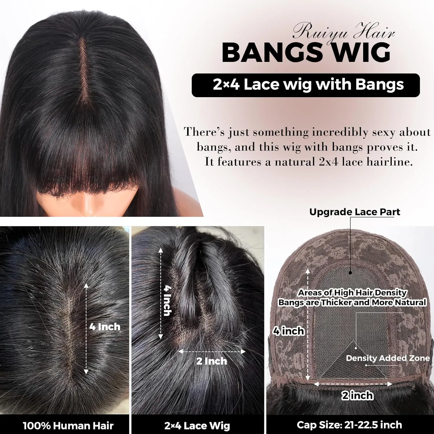 Body Wave Wig with Bangs 2x4 Lace 180% Density Front Wigs for Black Women Human Hair 100% Brazilian Human Hair 22 Inch