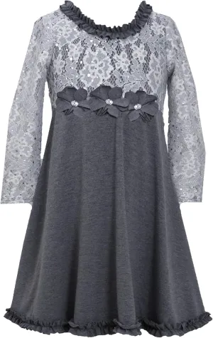 Bonnie Jean Girls' Bonded Lace Rosette Trim Flare Dress