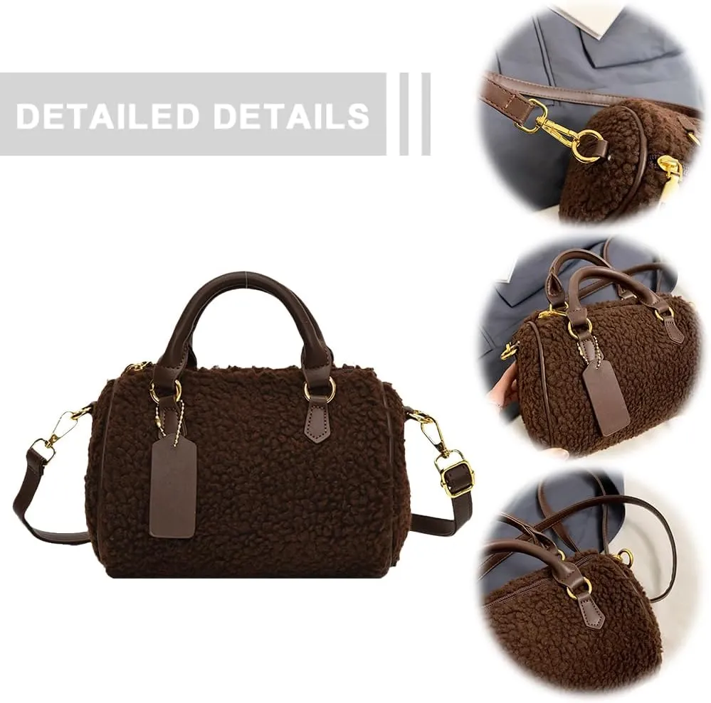 Boston Bag, Leather Shoulder Bag for Women PU Fluffy Furry Boston Barrel Bag Zipper Top Handle Bag Satchel Purse