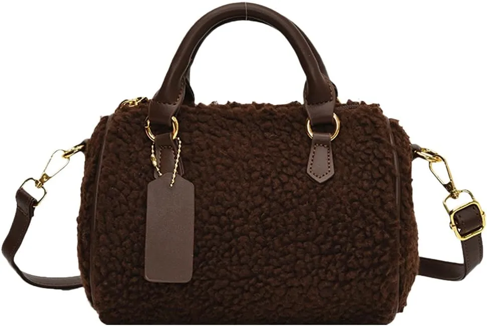 Boston Bag, Leather Shoulder Bag for Women PU Fluffy Furry Boston Barrel Bag Zipper Top Handle Bag Satchel Purse