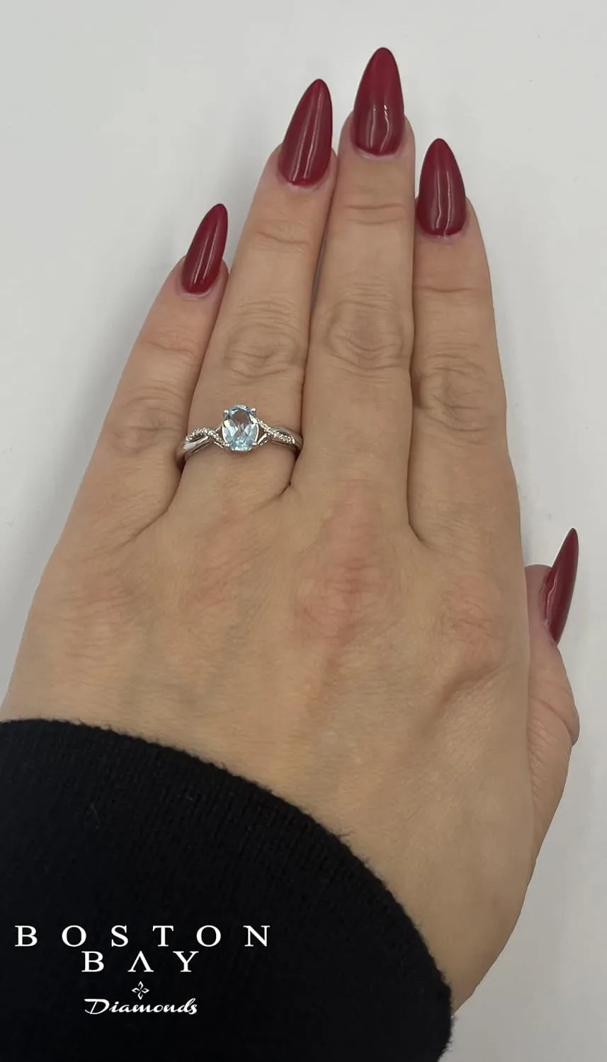 Boston Bay Diamonds Rhodium Plated 925 Sterling Silver Diamond and 8x6mm Oval Gemstone Statement Solitaire Ring