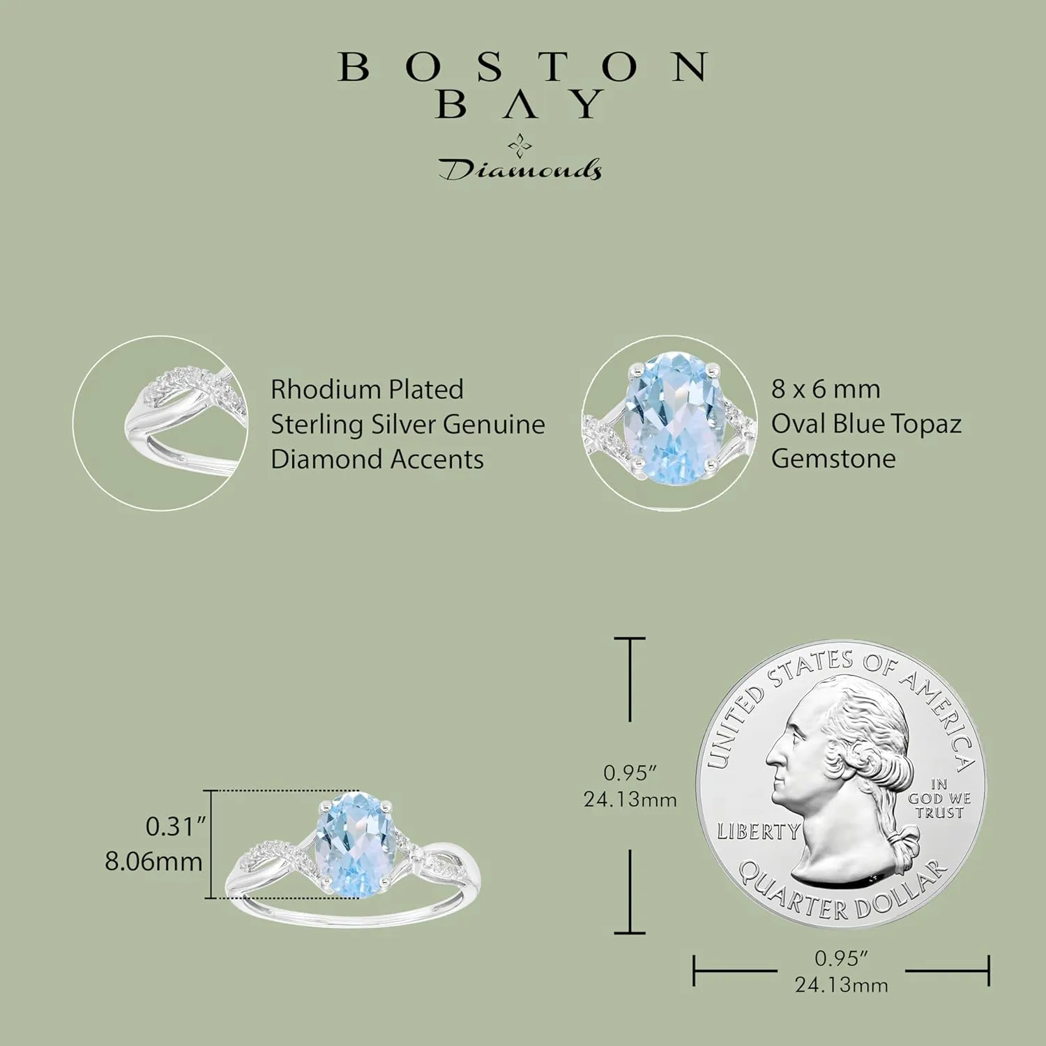 Boston Bay Diamonds Rhodium Plated 925 Sterling Silver Diamond and 8x6mm Oval Gemstone Statement Solitaire Ring