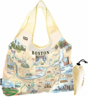 Boston City Map Pouch Tote with Handles – Reusable & Eco-Friendly Grocery Shopping Bag, Foldable Nylon, Heavy Duty, Compact, 18" x 25"