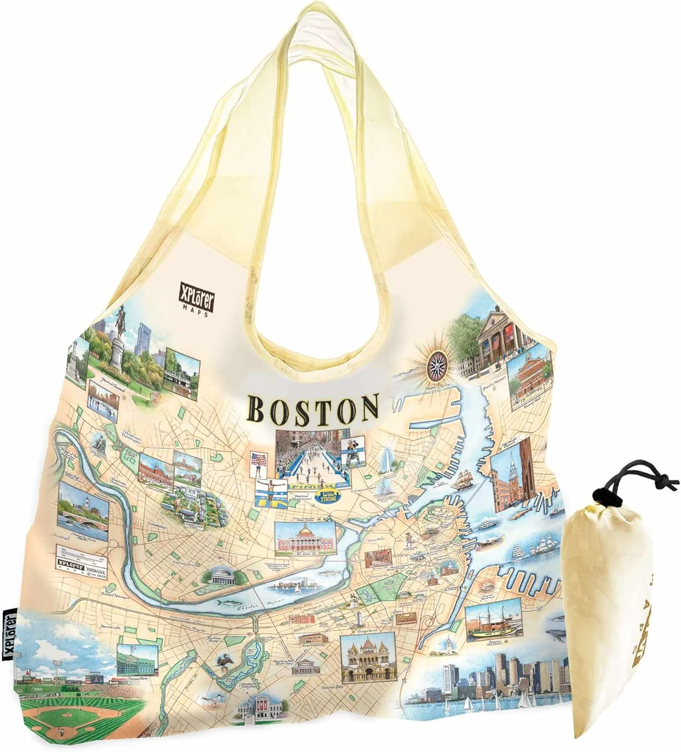 Boston City Map Pouch Tote with Handles – Reusable & Eco-Friendly Grocery Shopping Bag, Foldable Nylon, Heavy Duty, Compact, 18" x 25"
