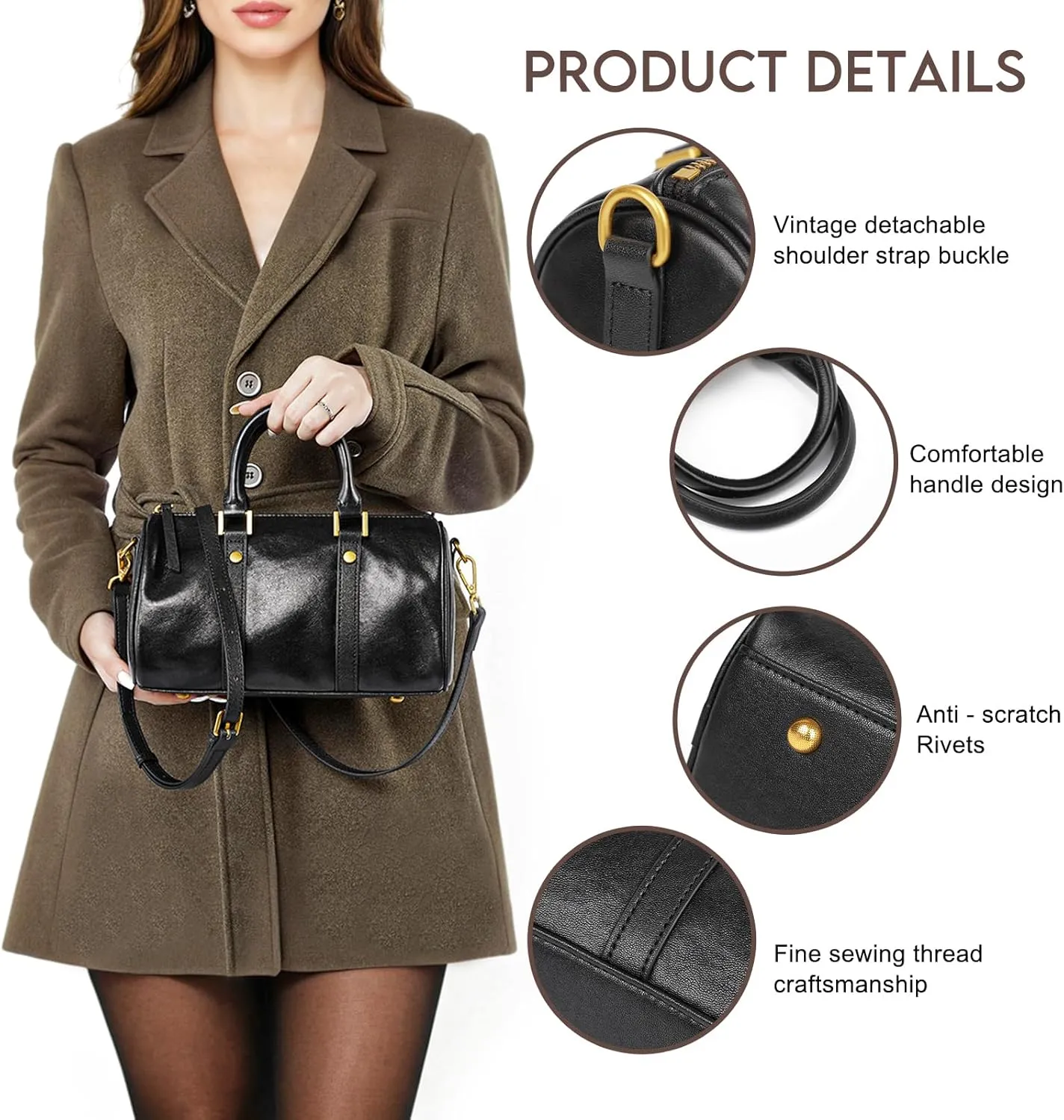 Boston Crossbody Bags for Women, Top Handle Stachel Tote Purses, Genuine Leather Handbags with Removable Strap