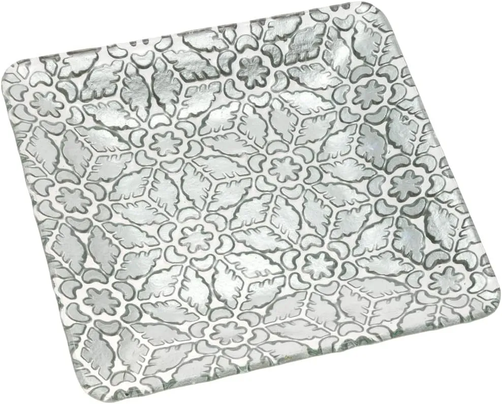 Boston International Christmas Winter Holiday Glass Serving Plate, 10.25 x 10.25-Inches, Silver Filigree