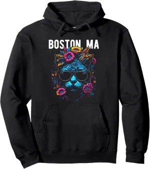 Boston MA USA Cat Wearing Sunglasses and Flowers Design Pullover Hoodie