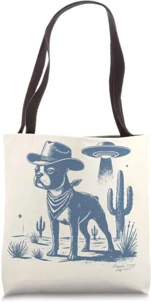 Boston Terrier UFO Cowboy Dog, Dog Mom, Dog Dad, Alien Dog Tote Bag