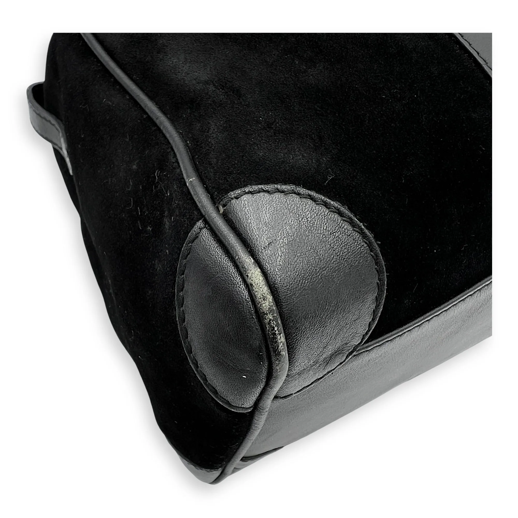 Boston Top Handle Bag Black in Suede Leather, Gold hardware