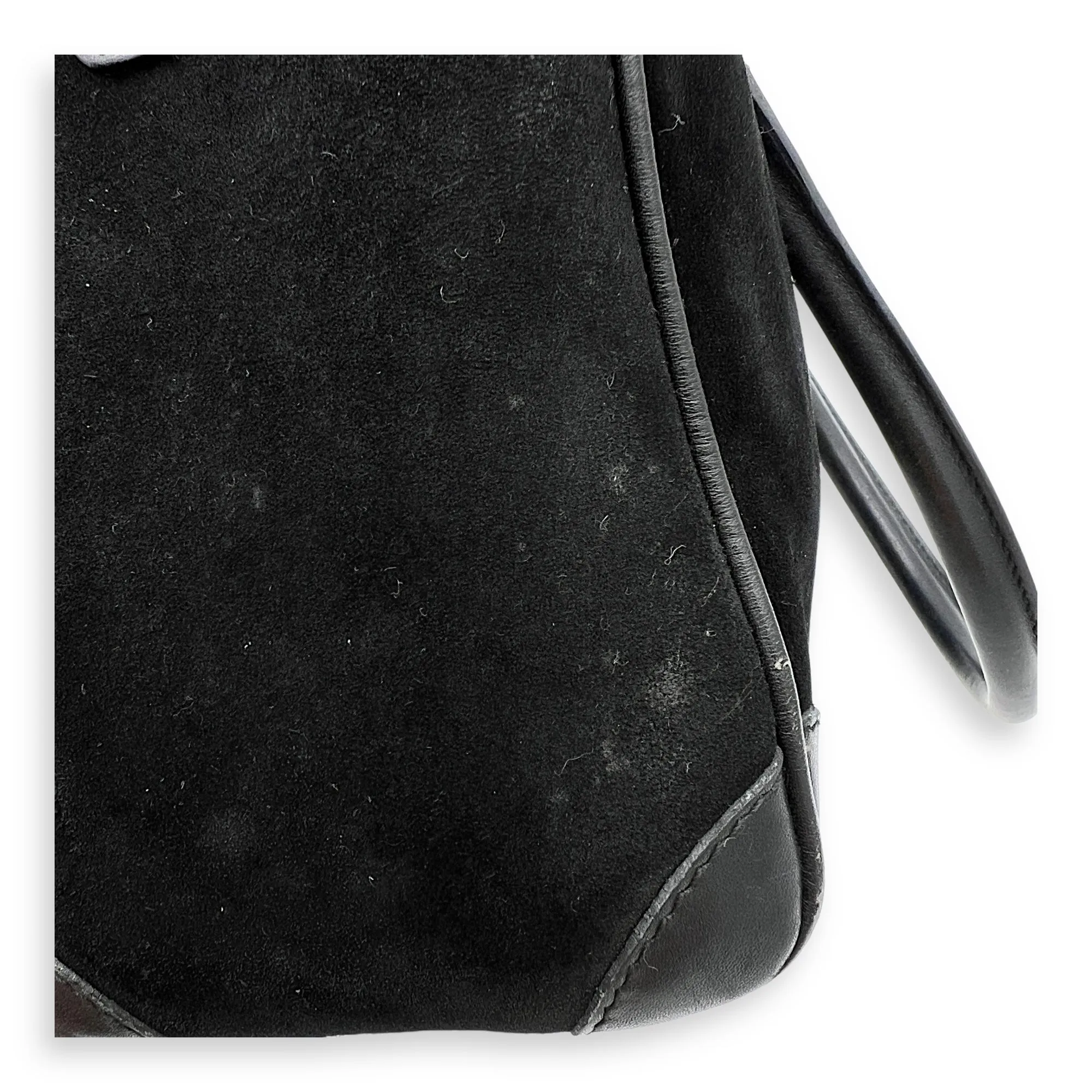 Boston Top Handle Bag Black in Suede Leather, Gold hardware