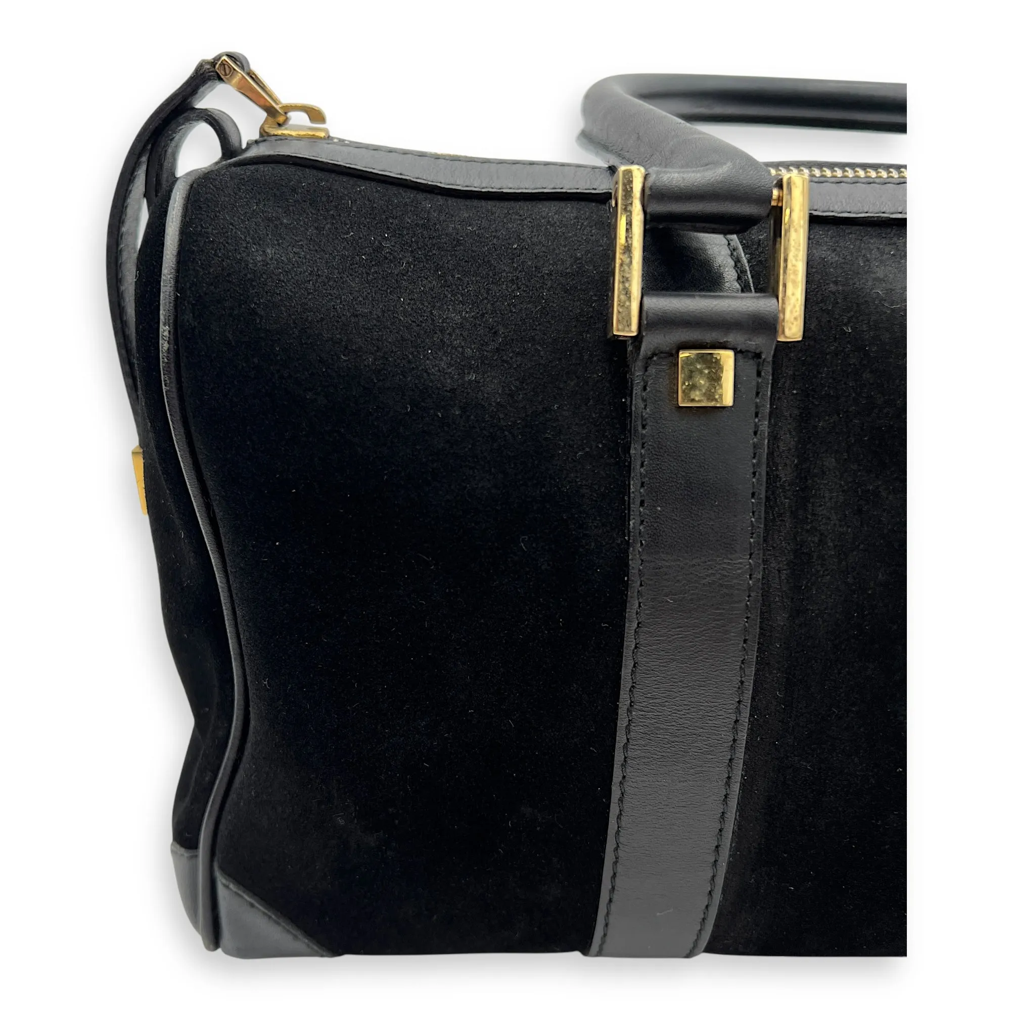 Boston Top Handle Bag Black in Suede Leather, Gold hardware
