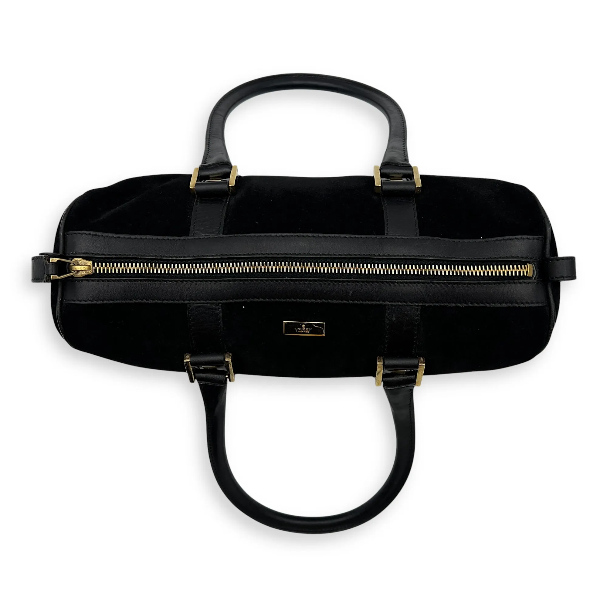 Boston Top Handle Bag Black in Suede Leather, Gold hardware