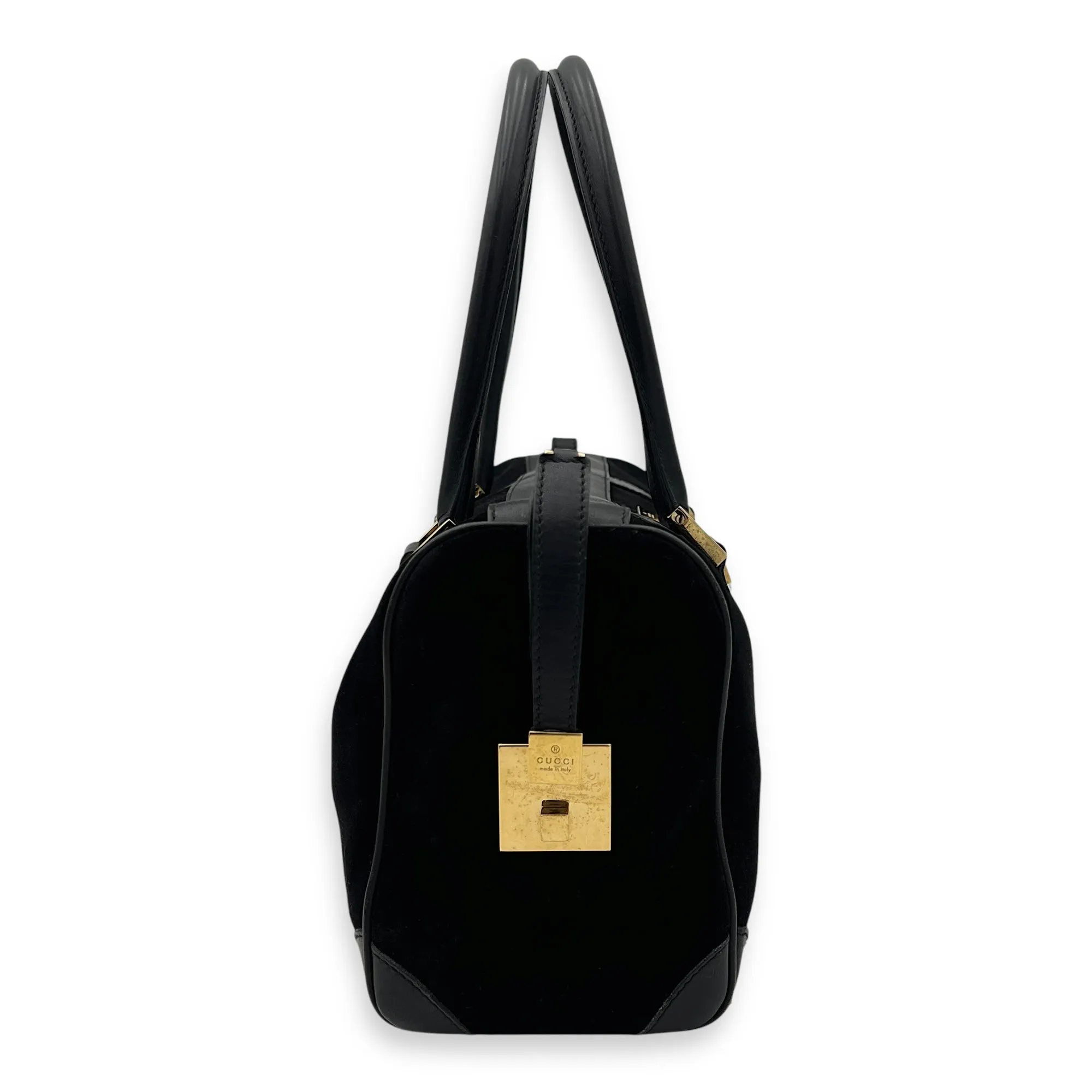 Boston Top Handle Bag Black in Suede Leather, Gold hardware