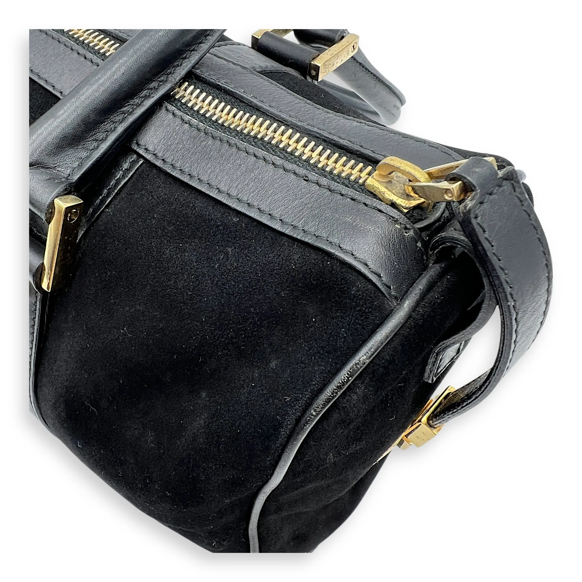 Boston Top Handle Bag Black in Suede Leather, Gold hardware
