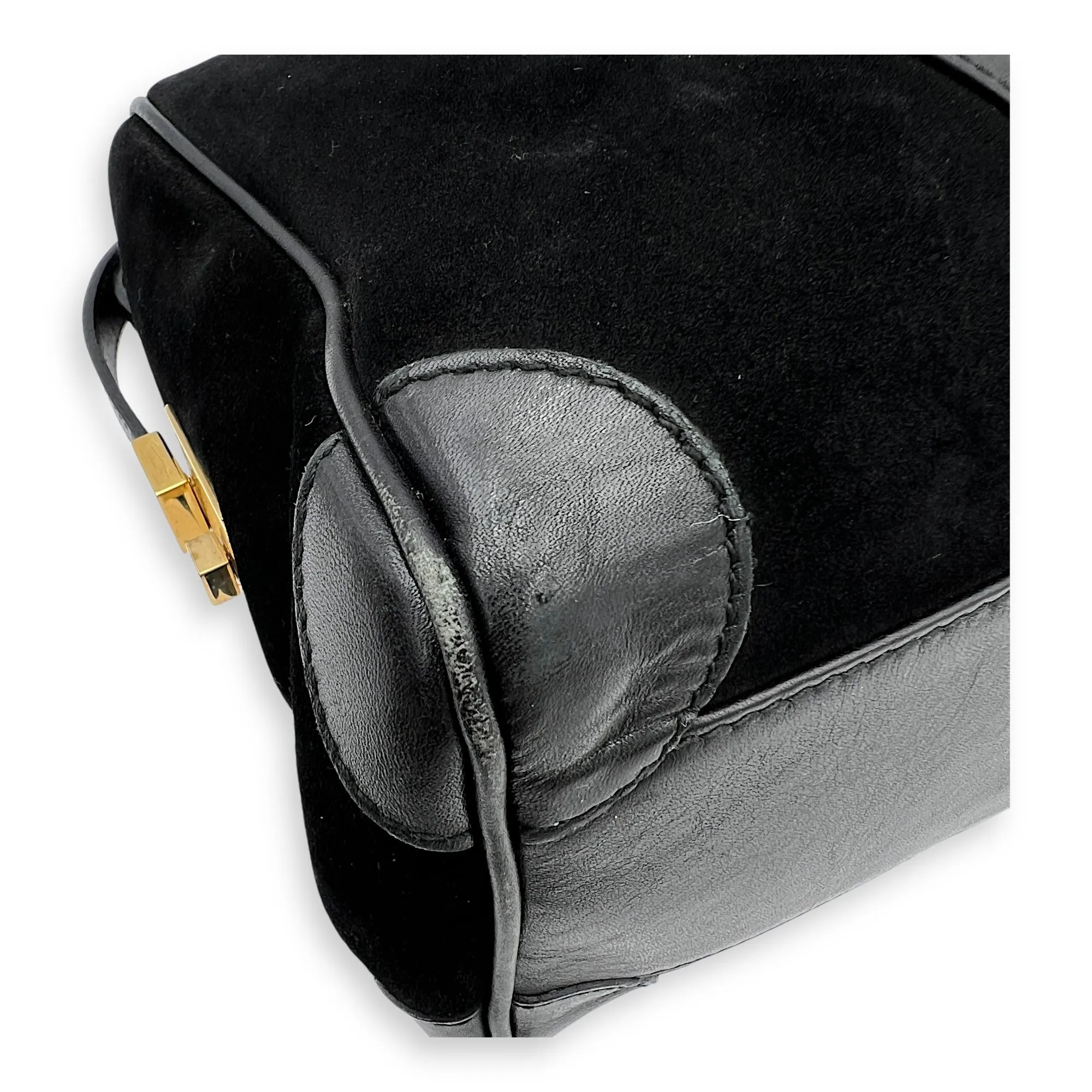 Boston Top Handle Bag Black in Suede Leather, Gold hardware