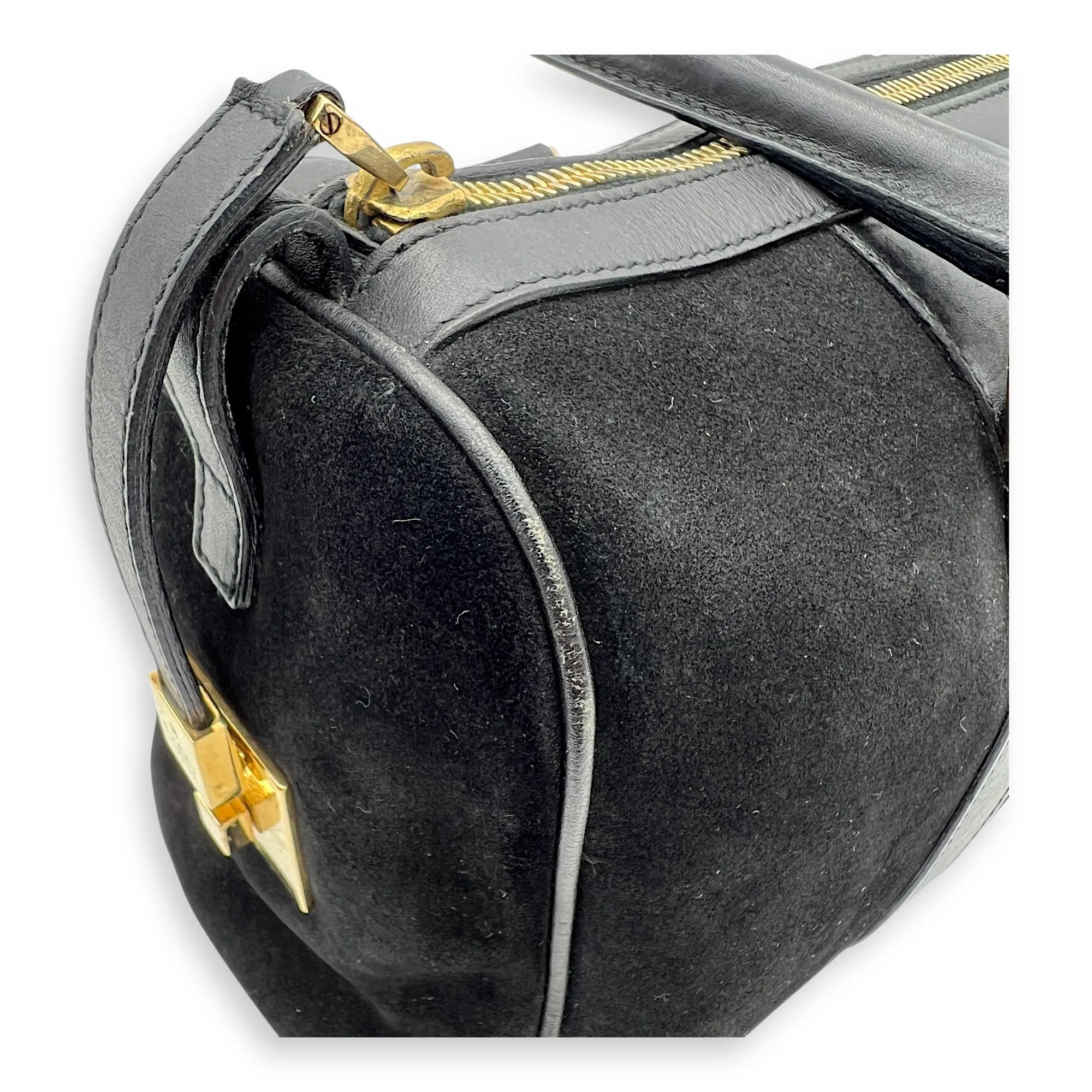 Boston Top Handle Bag Black in Suede Leather, Gold hardware
