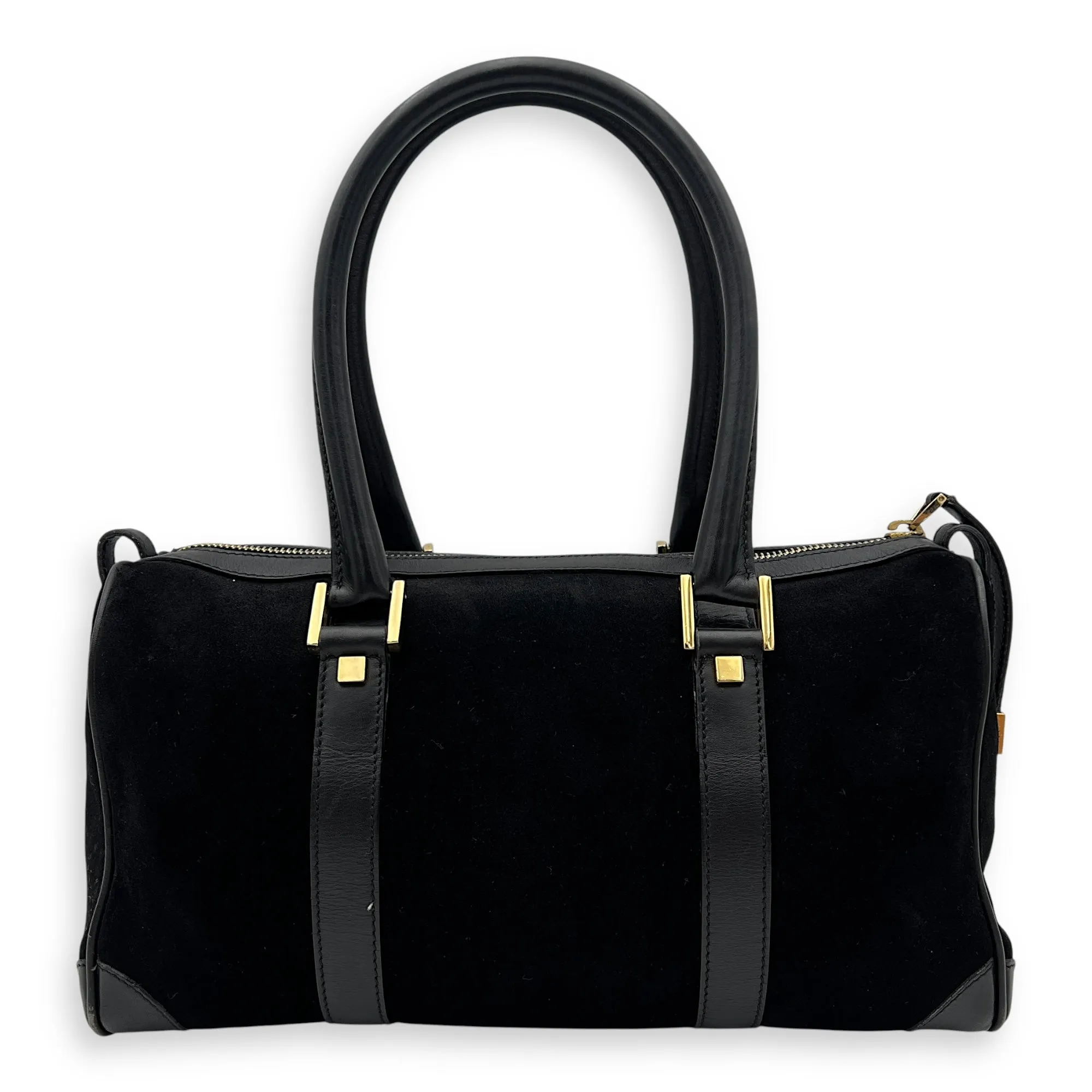 Boston Top Handle Bag Black in Suede Leather, Gold hardware