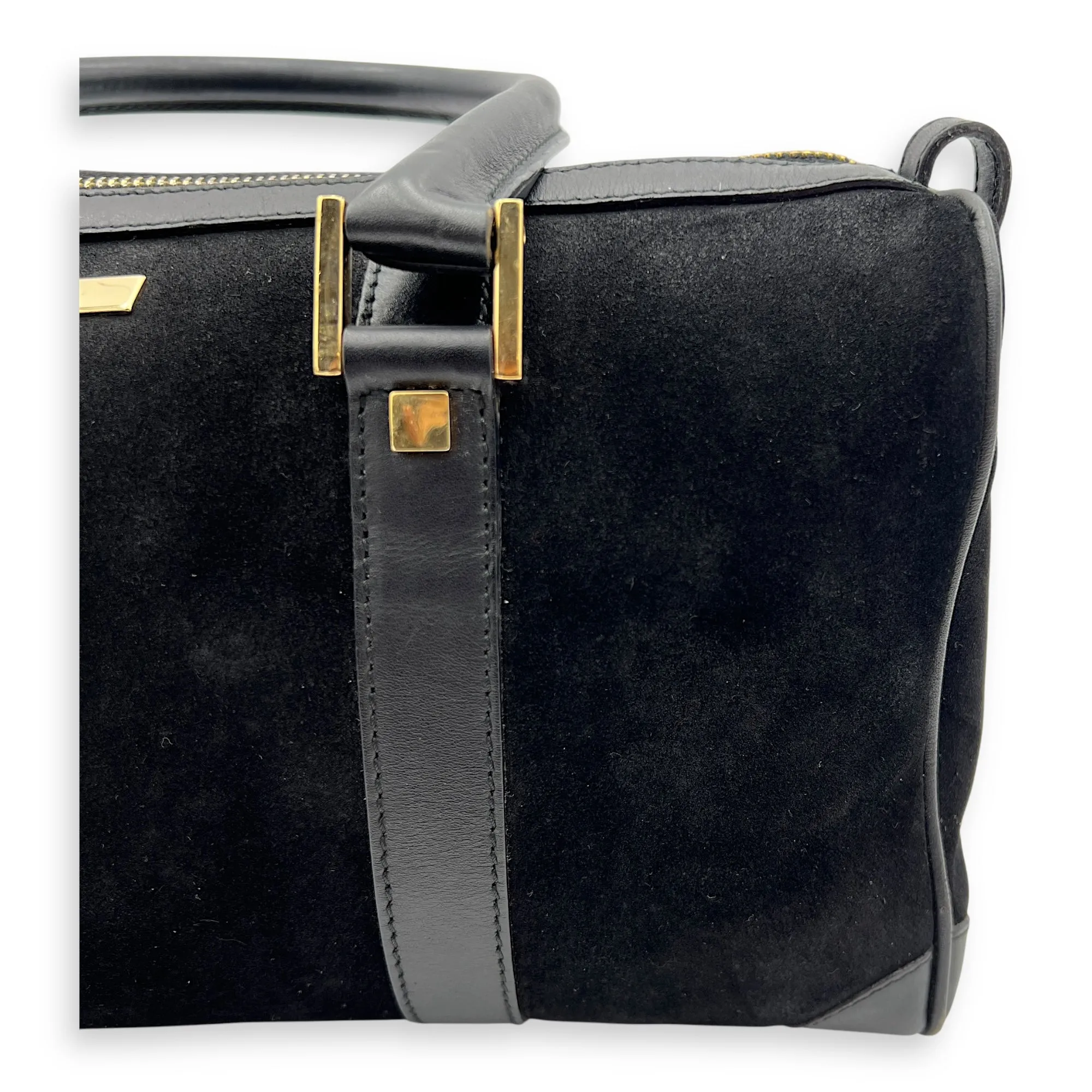 Boston Top Handle Bag Black in Suede Leather, Gold hardware