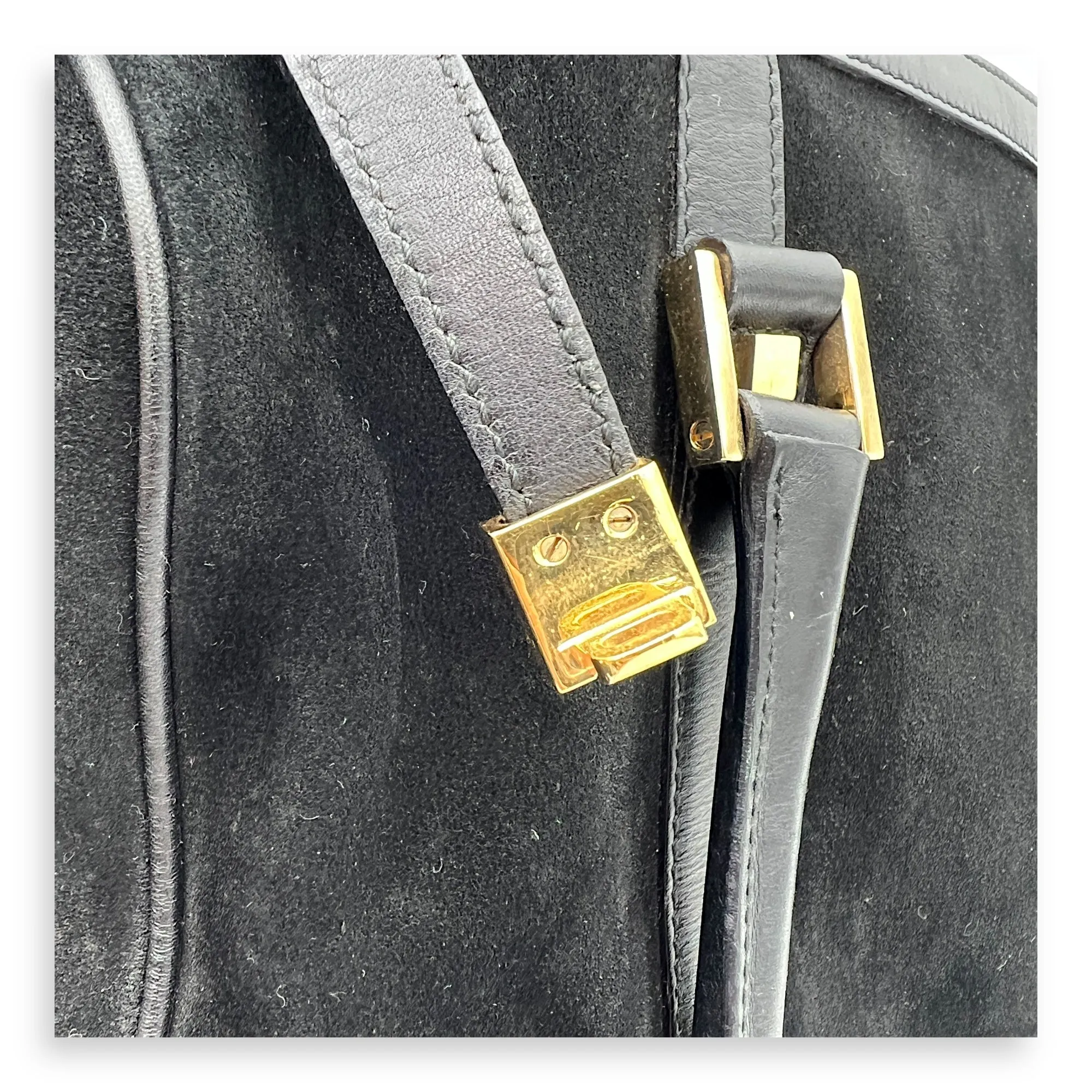 Boston Top Handle Bag Black in Suede Leather, Gold hardware
